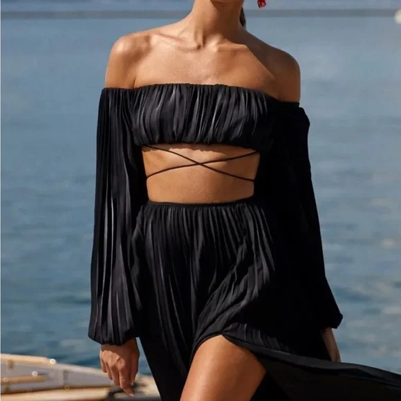 Alamour the Label Satin Pleated Bandeau Crop Top with Ties Size XS - Picture 2 of 8